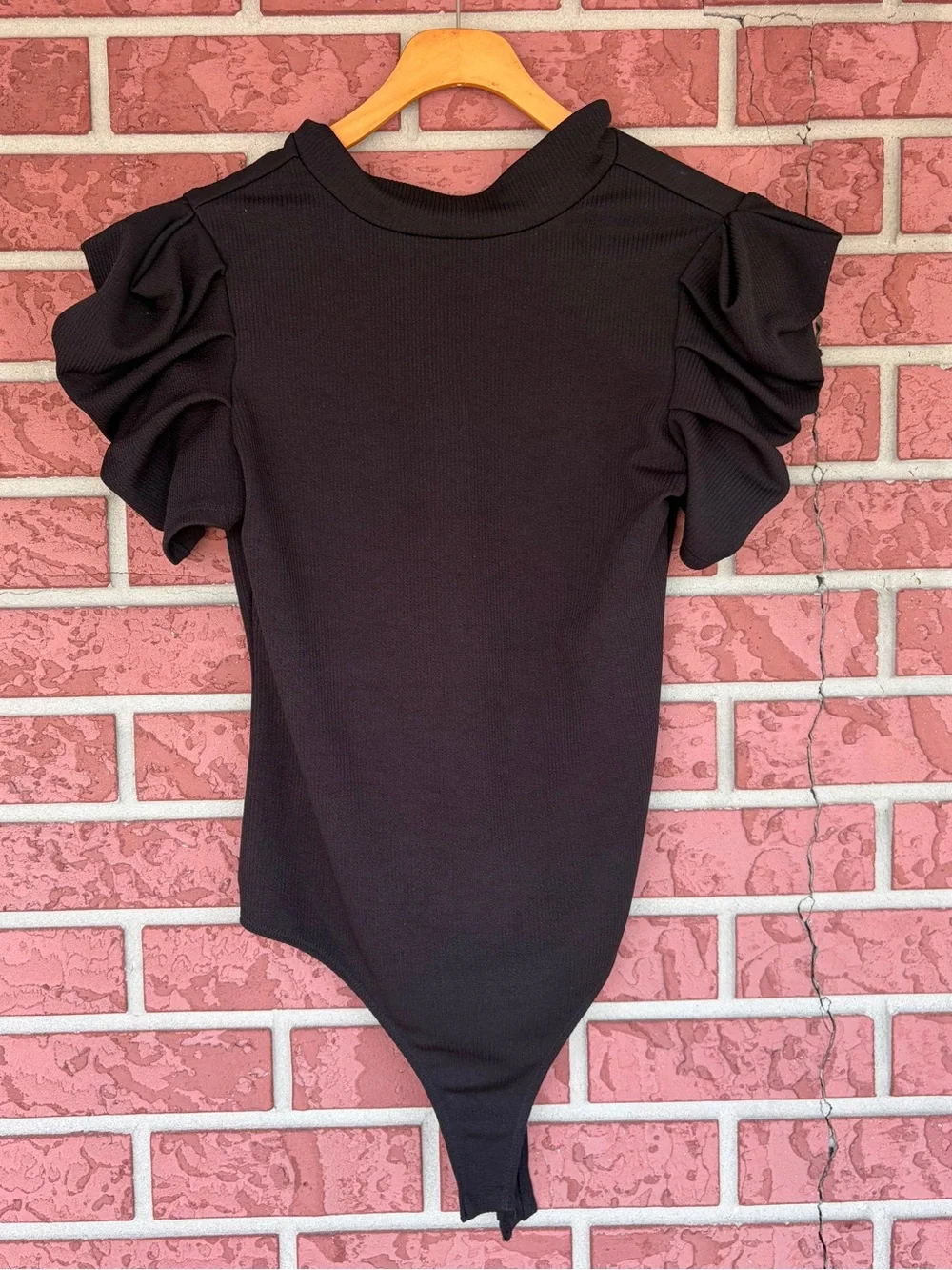 TCEC Black Puff-Sleeve Ribbed Bodysuit